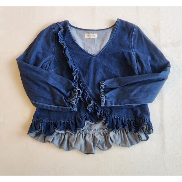 Madewell Tops - Madewell Denim Long Sleeve V-Neck Blouse Ruffled Top Women’s Size Small